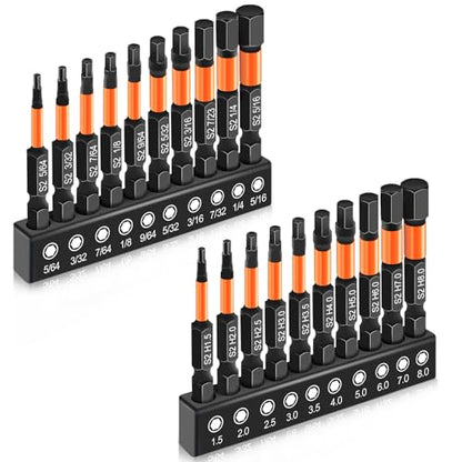 20PCS Hex Bit Set, Impact Allen Wrench Drill Bit Set (Metric&SAE) | 1/4”Hex-Shank S2 Alloy Steel Key Drill Bit Set with Magnetism, CNC Machined Tips, 2" Long with Storage Box