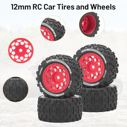 1/18 RC Car Tires and Wheels, daitoku 12mm Hex RC Truck Tires for 1/18 ARRMA Granite Typhon WLtoys A949 MJX Hyper Go H16 - Style A (Red)