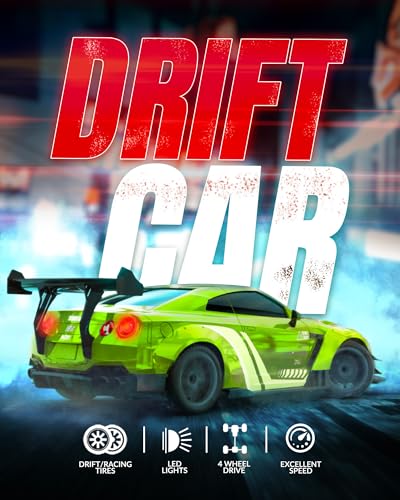 Drift RC Car, 1:20 Scale 2.4GHz 4WD 20KM/H Remote Control Cars | LED lights, drift tires & racing tires, 2 batteries, proportional throttle control - color: Green