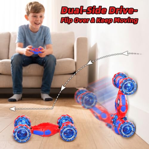 VisionX RC Stunt Car, 4WD 360° Rotating Gesture Sensing Remote Control | Outdoor Cars Toys for Ages 6-12, Double‑Sided with Lights, Music & Spray, 2 Replaceable Batteries - color: Red-spider