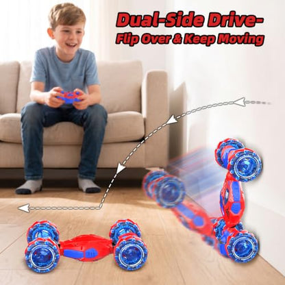 VisionX RC Stunt Car, 4WD 360° Rotating Gesture Sensing Remote Control | Outdoor Cars Toys for Ages 6-12, Double‑Sided with Lights, Music & Spray, 2 Replaceable Batteries - color: Red-spider