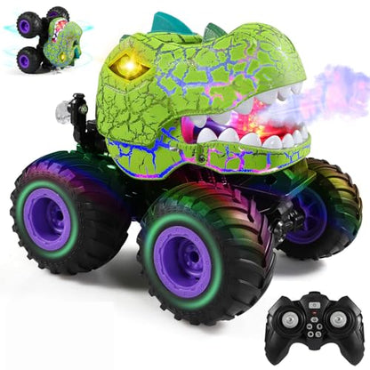 DYODYORC Remote Control Car, 2.4Ghz All Terrain Dinosaur Monster Truck Toys, RC Truck with Spay, Music, 3 Lighting Effects, Stunt Capable, Toy Gifts for Boys and Girls (Green Purple) - color: Green Purple