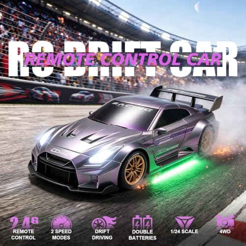 1:24 Scale RC Car with 2.4GHz, 4WD High Speed Remote Control Drift Car | RC drift car with LED lights, 2 batteries(50-min) & dual mode tires (drift/speed).Birthday gift for boys aged 4-12, Silver - color: 4-silver