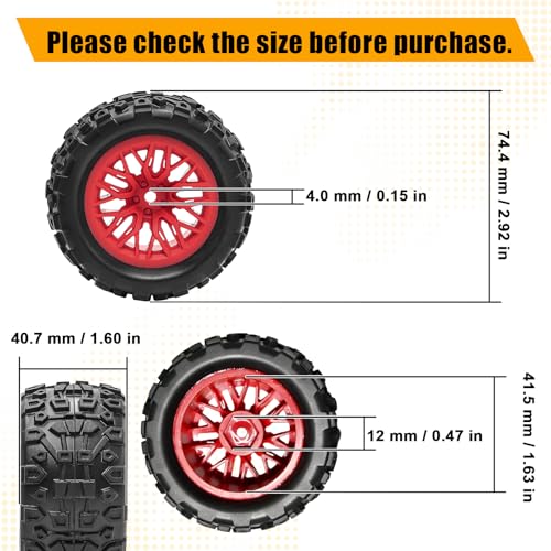 Pre-Glued 1/16 & 1/18 RC Monster Truck Rubber Tire & Nylon Wheel - 12mm Hex | Rubber Tires with Foam Fits for ARRMA 1/18 Granite/Typhon Grom, WLtoys A949, MJX Hyper Go H16 (4PCS, Red) - color: Red