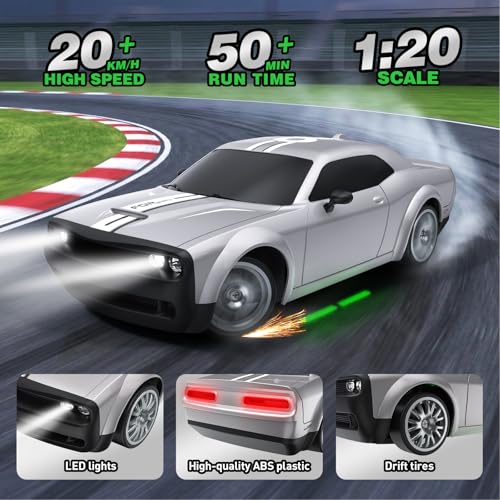 Remote Control Car 4WD 1:20 RC Drift Car 20KM/H 2.4GHz | Racing Car with 2 Rechargeable Batteries, LED Lights, 50 Min Play Time RC Cars Toys Gifts for Boys Girls Kids Adults -Silver - color: Silver