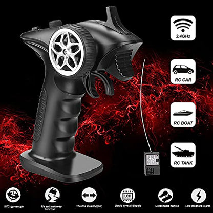 2.4ghz RC Controller 4CH RC Remote and Receiver Digital Radio Transmitter for 18 110 116 132 RC Car Boat Tank Crawler GA-4H-TX (Transmitter and Receiver Set), Black
