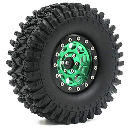 HOBBYSOUL RC Height 108mm/4.25inch Tires Mounted 1.9inch Beadlock Wheels Rims Green Black Color for 1/10 1/12 RC Mud Crawler Truck Axial SCX10 90046 RC4WD D90 TF2 Tamiya CC01,(2-Pack, Assembled)
