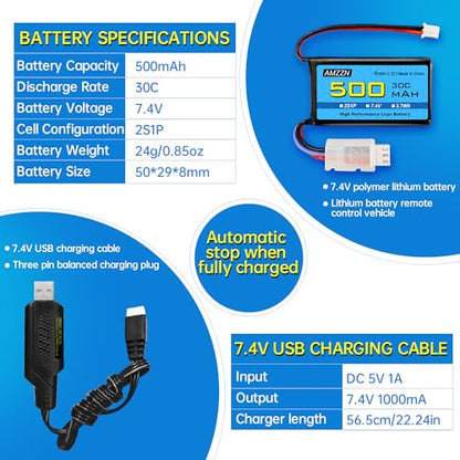 7.4V 500mAh 30C PH2.0 Plug Lipo Battery with USB for AX24 SCX24 RC Car, Compatible with Most 1/10, 1/16, 1/18, 1/24 Proportional Remote Control Trucks, RC Drones (1PCS Battery+1USB)