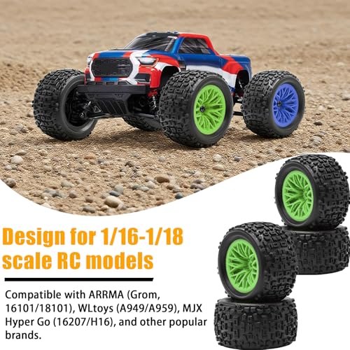 Pre-Glued 1/16 & 1/18 RC Monster Truck Tires, Soft Rubber Tire and Nylon Wheels Rims with 12mm hex Compatible with ARRMA 1/18 Granite/Typhon Grom, WLtoys A949, MJX Hyper Go H16 RC Buggy, 4PCS (Green) - color: Green