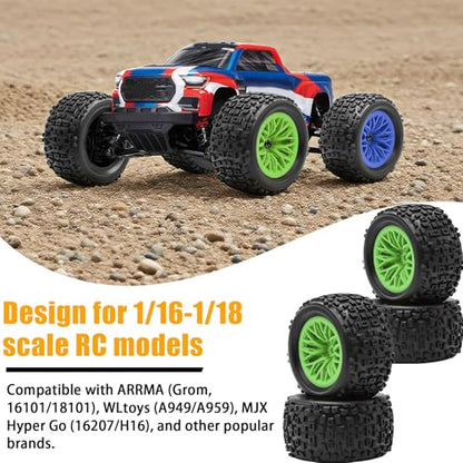 Pre-Glued 1/16 & 1/18 RC Monster Truck Tires, Soft Rubber Tire and Nylon Wheels Rims with 12mm hex Compatible with ARRMA 1/18 Granite/Typhon Grom, WLtoys A949, MJX Hyper Go H16 RC Buggy, 4PCS (Green) - color: Green