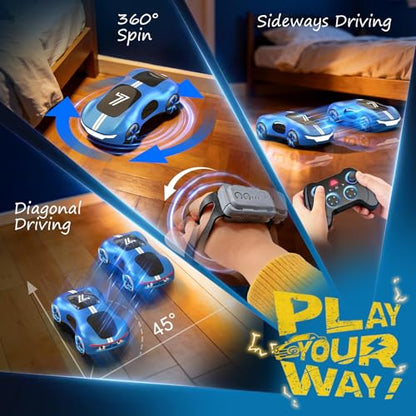 AEROQUEST Gesture Control RC Stunt Car with Lights & Spray for Boys 6+ | 2.4GHz 4WD Remote Control Drift Spray Effects USB-C Charging Light Sound Spotrs Car Gift for Boys 6+ - color: Blue