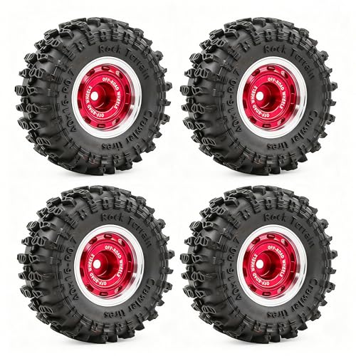 0.7” Wheel & Crawler Terrain Tire Set for 1/30 RC Crawler, -1.00mm Offset, Axial SCX30 & Redcat Ascent-32, CNC Aluminum Rims, 5mm Hex, Shims Screwdriver Included, Pre-Assembled, 4 pcs, Red - color: Red-1, size: Rock-trail-clean-out