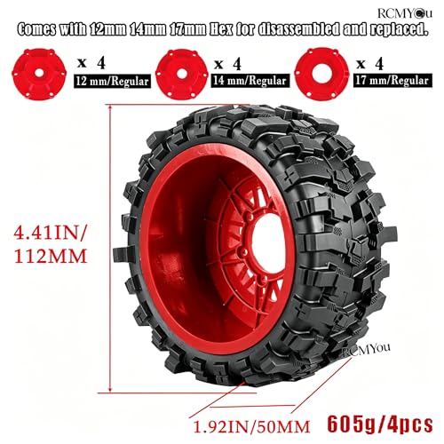 Rc Wheels and Tires Set for 1/10 Slash 2WD 4×4 4WD,Senton,Axia1,Redca t,Rc4w d,Detachable Replacement Running on Off-Road Tire,on-Road Tire w/12mm/14mm/17mm Hex,Soft Tires Plastic Rim,Red - color: Red (1/10)