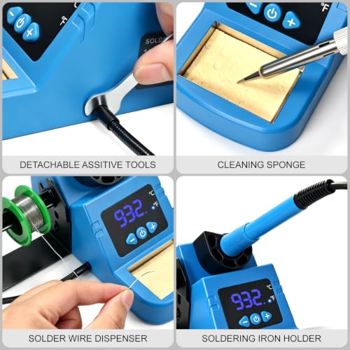 Soldering Station, 130W Digital Display Soldering Iron Station Kit with 2 Helping Hands, 356°F-932°F, Auto Sleep, Solder Wire, 5 Tips, Solder Sucker, Sponge, Tweezers, Tip Cleaner, Blue