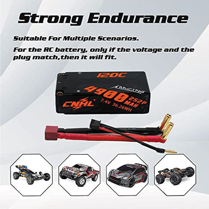 CNHL 4900mAh 2S Shorty Lipo Battery 7.4V 120C with 5mm to Deans(2 Packs) | Compact shorty format centers chassis weight for responsive control in 1/10 RWD drift, racing buggies, and trucks.