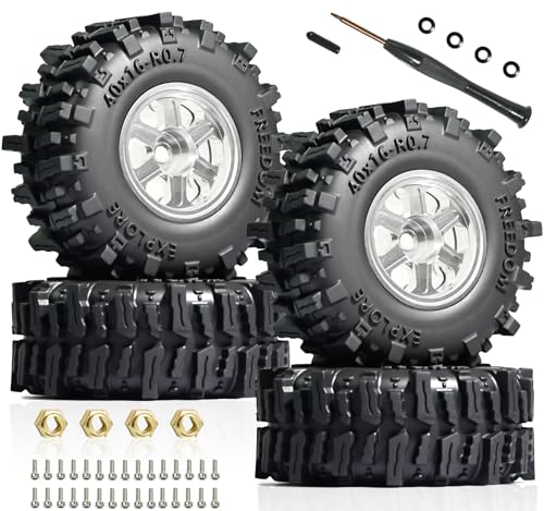 0.7” FS6 Super Soft Rubber Tires & CNC -1mm Offset Aluminum Beadlock Rims, 40×16mm Micro Crawler Wheels Tires Set for Axial SCX30 Redcat Ascent-32 1/30–1/32 RC Crawler, 4PCS Silver - color: Silver