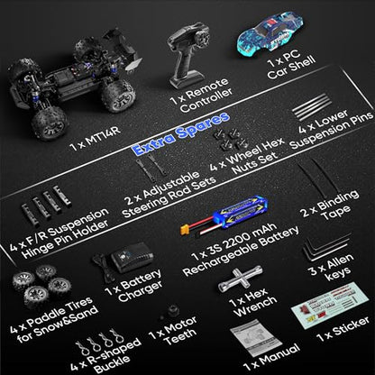1/14 Scale Fast Brushless RC Cars,4WD Monster Truck | Max 50 MPH High-Speed, 4X4 Off-Road Vehicle, Waterproof All-Terrain Tire, 3S LiPo Battery,CNC Central Differential - color: Sky Blue