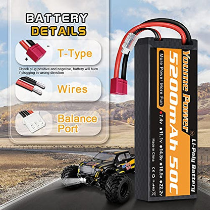 Youme 2S Lipo Battery 7.4V 5200mAh 50C Hard Case 2Packs for RC Cars Trucks | hard case lipo battery 5200mAh 7.4V 50C T-plug high-discharge for 1/8 1/10 cars/trucks/buggies/truggies/heli/planes/drones