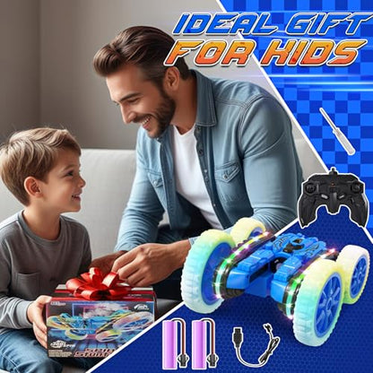 Jimdella RC Cars Toys, 2-in-1 Remote Control Car Transform 4WD with Spray & LED Lights, 2.4GHz Off-Road Stunt Truck for 360° Flips Gift for Boys Age 8-12 (Blue) - color: Blue