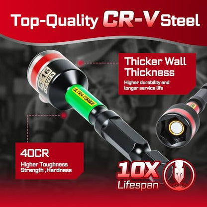 Impact Nut Driver Set, 9 Pieces 2.56 Inch Long 1/4 to 1/2 Magnetic SAE Nut Setter Set, 6 Point Alloy Steel Use 1/4” Hex Shank Impact Driver Stored in Portable Storage Cases for Repair - size: 2.56", style: 2.56"-S