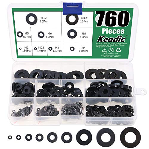 Keadic 760Pcs Flat Washers Assortment Kit Black Zinc Plated Alloy Steel, 9 Sizes - M2 M2.5 M3 M4 M5 M6 M8 M10 M12 - color: Zinc Plated Flat Washer - 760Pcs