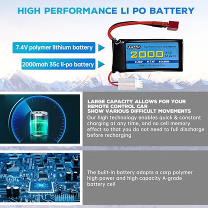 7.4V 2000mAh 35C 2S Lipo Battery with T-Plug and USB Charging Cable for 300E 9200E 9201E 9206E M416 H16PL 903A HP162S HM124 RC Car, RC Ship Drone Battery