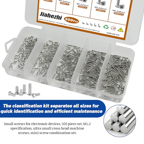 500Pcs M1.2 304 Stainless Steel Metric Micro Screws Nuts Assortment | M1.2x3/4/5/6/8mm Sizes, Phillips Pan Head, Fully Threaded Kit for Arduino, RC Models, Electronics, DIY Projects - size: M1.2x3/4/5/6/8- 500 Pcs