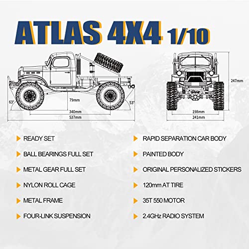 Fms Rochobby 1/10 Atlas Ready Set RC Crawler RC Truck 4X4 with Lighting, 2.4GHz Radio,Ball Bearing, Metal-Gear Full,4 Link Suspension,Rapid Separation Car Body for Adult Yellow - color: Yellow