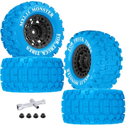 100 * 52MM 1/16 RC Monster Truck Tires 12mm Hex Adapters All-Terrain Traction Tires fit for Mini Maxx/Mini XRT, MJX 16207/16208/16209/16210,HSP 94186,E-Revo,L0S1,1/18 Mini LMT,Blue&Black - color: Blue&black(4pcs)