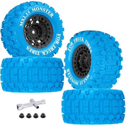 100 * 52MM 1/16 RC Monster Truck Tires 12mm Hex Adapters All-Terrain Traction Tires fit for Mini Maxx/Mini XRT, MJX 16207/16208/16209/16210,HSP 94186,E-Revo,L0S1,1/18 Mini LMT,Blue&Black - color: Blue&black(4pcs)