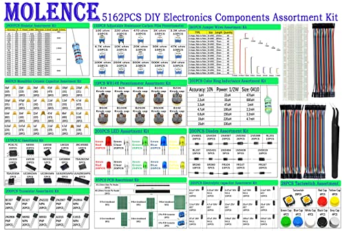 5162pcs DIY Electronics Components Kit Assortment | Resistor, Inductor, Capacitor, LED, Triode, ICS, Diodes, PCB, Potentiometer, Pin Header, Jumper Wire, Terminals, Tactswitch