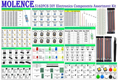 5162pcs DIY Electronics Components Kit Assortment | Resistor, Inductor, Capacitor, LED, Triode, ICS, Diodes, PCB, Potentiometer, Pin Header, Jumper Wire, Terminals, Tactswitch