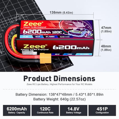 Zeee 4S Lipo Battery 6200mAh 14.8V 120C with XT90 Connector (2 Pack) | Hard Case RC Battery for Car Truck Tank RC Buggy Truggy RC Models