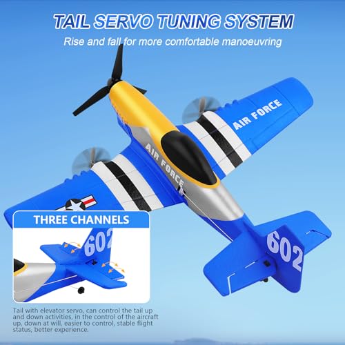 P-51D 3-Channel RC Plane with 2 Batteries, Blue | 2.4GHz gyro-stabilized fighter airplane designed for hand launch or ground takeoff by beginners, kids and adults.