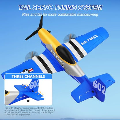 P-51D 3-Channel RC Plane with 2 Batteries, Blue | 2.4GHz gyro-stabilized fighter airplane designed for hand launch or ground takeoff by beginners, kids and adults.