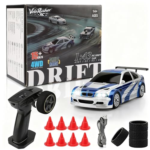 [4WD Edition 1/43 Scale Mini RC Drift Car, High Speed | Racing Mini Drift RC Car, 1/43 RC Drift Car Toys for Kids Ages 8-14, Birthday Gifts for Boys Girls, 2 Tire Sets, 8 Cones - color: Blue