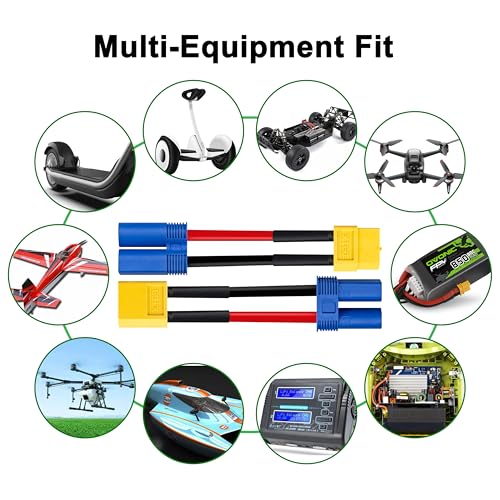 XT60 to EC5 Adapter, 2PCS Male to Female & 2PCS EC5 Male to XT60 Female Connector, 2Inch 14AWG High Temp Silicone Wire for FPV Drone, RC Car, Lipo Battery Charger ESC