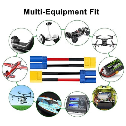XT60 to EC5 Adapter, 2PCS Male to Female & 2PCS EC5 Male to XT60 Female Connector, 2Inch 14AWG High Temp Silicone Wire for FPV Drone, RC Car, Lipo Battery Charger ESC