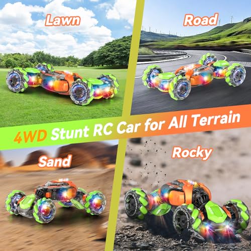 Nicella Remote Control Car, RC Toys Gifts for 6 7 8 9 10 11 12 Year Old Boys Girls - 360° Rotating 4WD Gesture Sensing RC Sunt Car with Lights & Music - Cool Birthday Gifts for Kids - color: Orange/Green