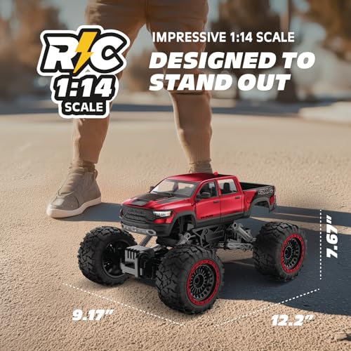 RC 4WD Heavy Metal RAM 1500 Pickup Truck – 1:14 Scale, Officially Licensed Stamped Metal Body, 4x4 All-Wheel Drive, 2.4GHz Full-Function Remote Control, Ready-to-Run, USB Charging, Red