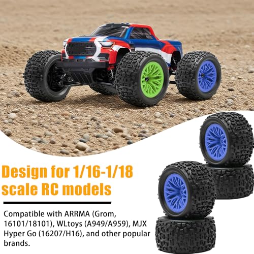Pre-Glued 1/16 & 1/18 RC Monster Truck Tires, Soft Rubber Tire and Nylon Wheels Rims with 12mm hex Compatible with ARRMA 1/18 Granite/Typhon Grom, WLtoys A949, MJX Hyper Go H16 RC Buggy, 4PCS (Blue) - color: Blue