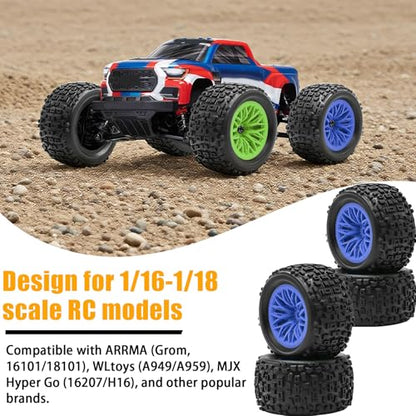 Pre-Glued 1/16 & 1/18 RC Monster Truck Tires, Soft Rubber Tire and Nylon Wheels Rims with 12mm hex Compatible with ARRMA 1/18 Granite/Typhon Grom, WLtoys A949, MJX Hyper Go H16 RC Buggy, 4PCS (Blue) - color: Blue