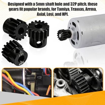 32P 15T RC Car Gear Set | 45# Steel Black Oxide | 5mm Bore +0.03mm | Precision Engineered Motor Pinion Gear Compatible with Traxxas/ARRMA/HPI/Kyosho (3-Pack with M4 Set Screws) - style: 3Pcs 15T
