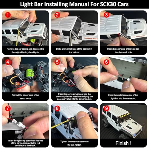RC Car LED Head Lights Bar for Axial SCX30 1/30 Jeep Wrangler, 7-Light Roof Light Kit with Wiring Harness (White Light Bar) - color: White Light Bar