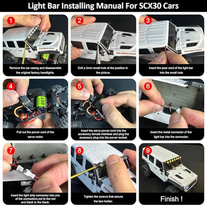 RC Car LED Head Lights Bar for Axial SCX30 1/30 Jeep Wrangler, 7-Light Roof Light Kit with Wiring Harness (White Light Bar) - color: White Light Bar