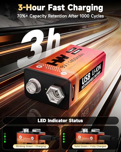 HW 9 Volt Batteries 4 Pack, 1400mAh Rechargeable Lithium Battery 9V with USB C Fast Charging Cable, 1000 Cycles Square Baterias for Smoke Detectors, Fire Alarms, Remote Controls, Clocks and More