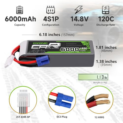 OVONIC 4S LiPo Battery 6000mAh 14.8V 120C RC Battery with EC5 Connector (2 Pack)