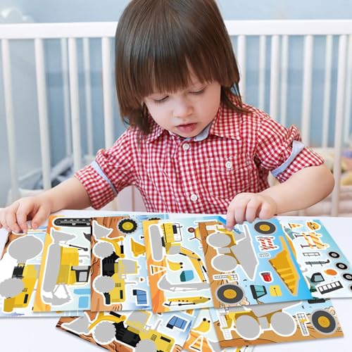 24 Sheets Make Your Own Construction Vehicle Stickers, Make-a-face Stickers | Engineering Vehicles Stickers for Kids Boys, Fire Trucks Excavator Construction for Kids Construction Themed Party Favors - style: Construction Vehicle