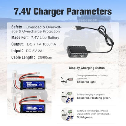 SCX24 Battery 7.4V Lipos 2S 60C(Burst 120C) 300mAh Rechargeable Mini Lithium Battery with JST&PH2.0 Dual Discharge Plug Fit for SCX24 RC Car WLtoys RC Truck and Most Airplane 1TO2 Charger - style: 2PACK with Charger