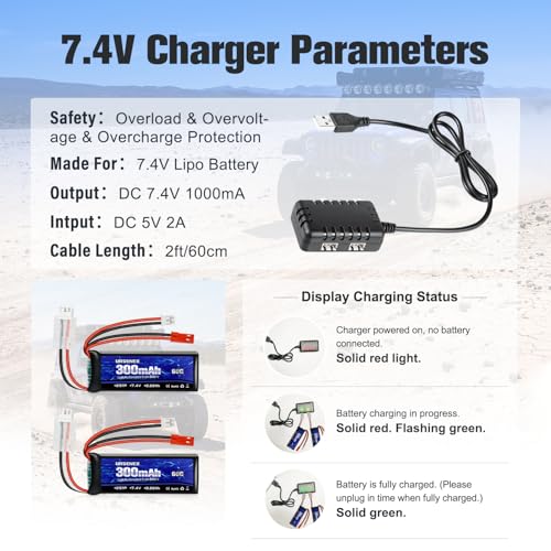 SCX24 Battery 7.4V Lipos 2S 60C(Burst 120C) 300mAh Rechargeable Mini Lithium Battery with JST&PH2.0 Dual Discharge Plug Fit for SCX24 RC Car WLtoys RC Truck and Most Airplane 1TO2 Charger - style: 2PACK with Charger